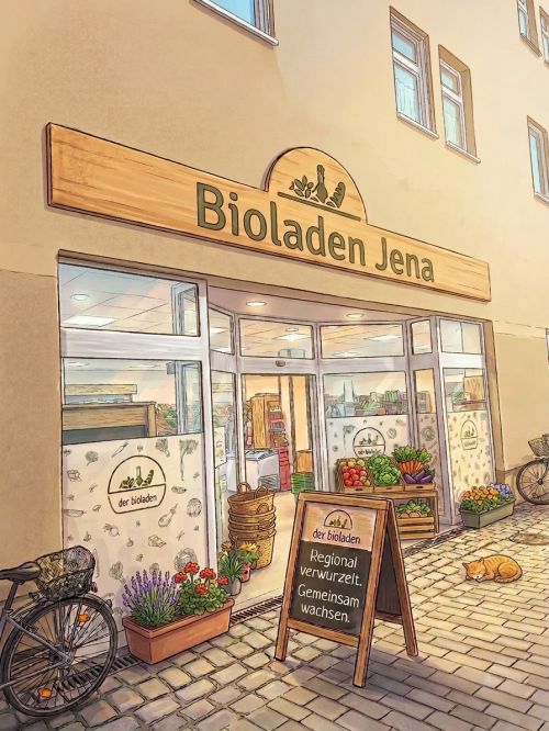 Der Bioladen Jena in der Zwätzengasse – Ladenfront mit Obst- und Gemüseauslage
